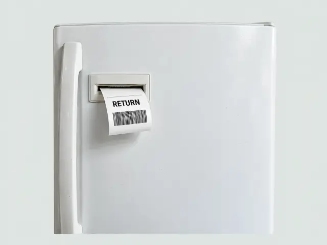 A white refrigerator door with a small built-in printer near the handle, curling out a return shipping label.
